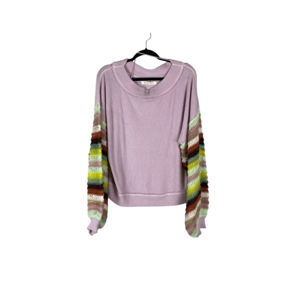 We The Free Lavender Knit Sweater with Multicolor Crochet Sleeves Size M - Picture 2 of 7